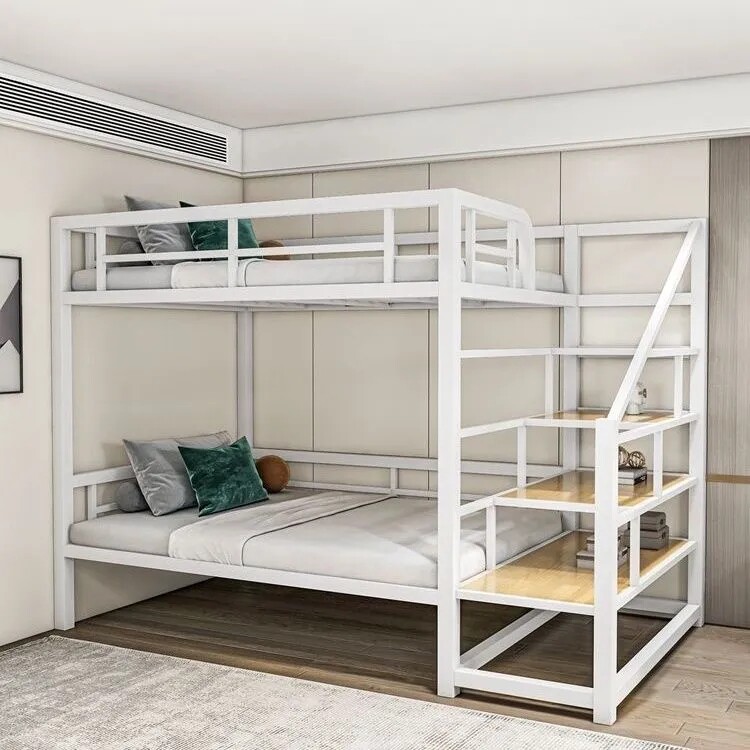 简约现代铁艺床上下床双层床多功能储物护栏矩形高低床成人宿舍床