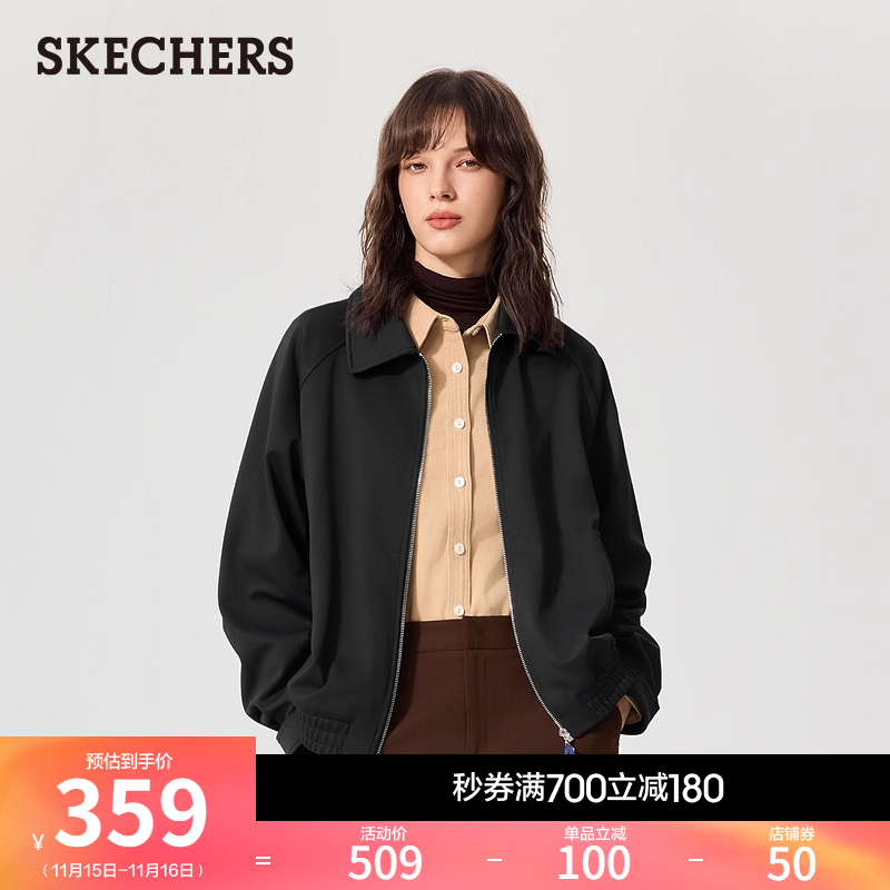 斯凯奇2025秋冬新款女针织外套翻领夹克拉链开衫休闲宽松短上衣