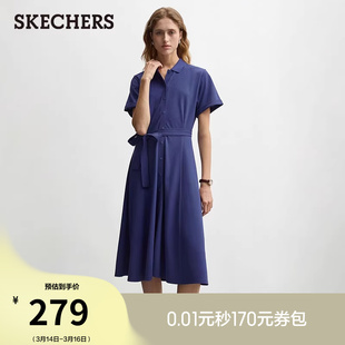 斯凯奇2026春季新款女士休闲运动针织连衣裙慵懒风腰带垂感长裙