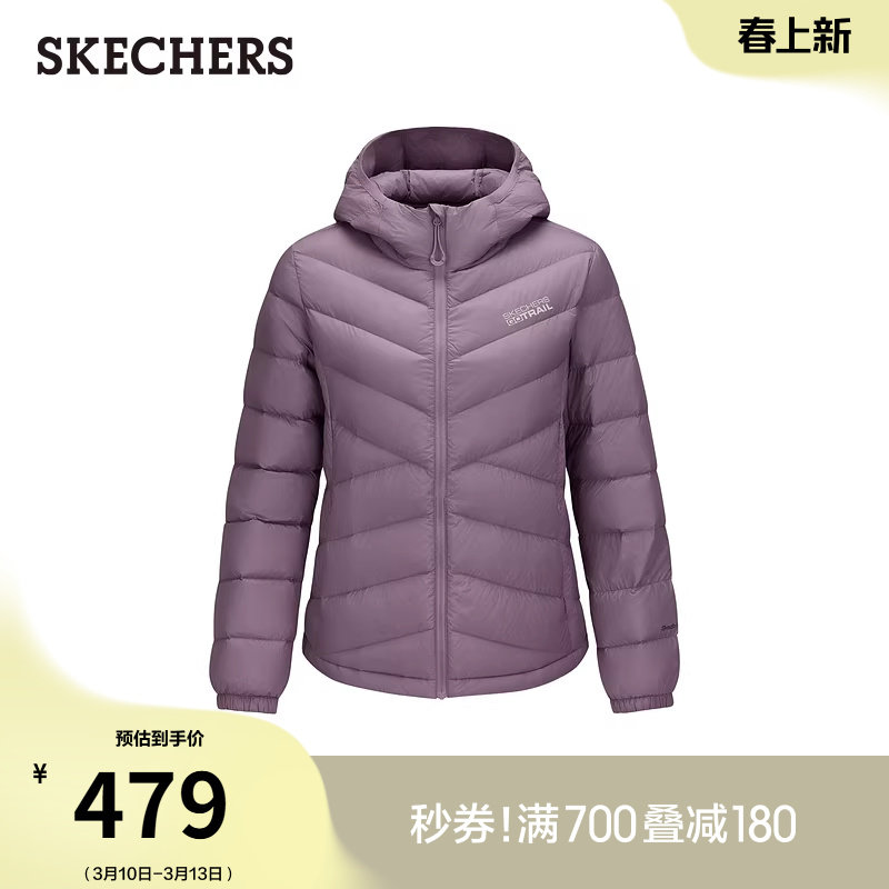 斯凯奇冬季流行女款短款羽绒服外套连帽保暖户外休闲运动夹克衫