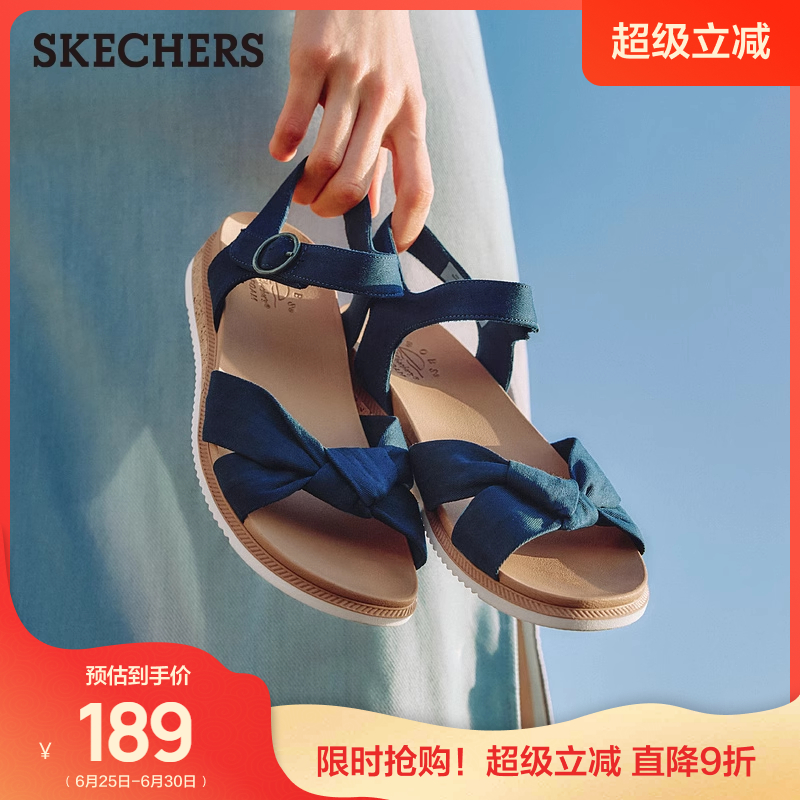 斯凯奇女蝴蝶结时尚凉鞋2025新款夏季休闲沙滩鞋简约百搭平底凉拖