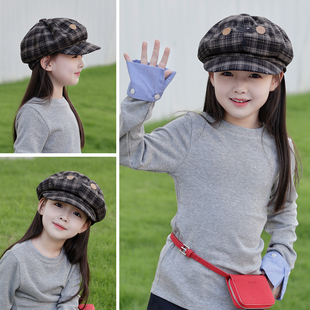 儿童帽子秋冬2025新款女童复古格子贝雷帽英伦风报童帽男童画家帽