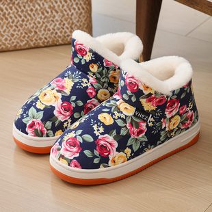 高包跟棉拖鞋女士冬季加绒厚底保暖中老年妈妈鞋东北大花棉鞋外穿