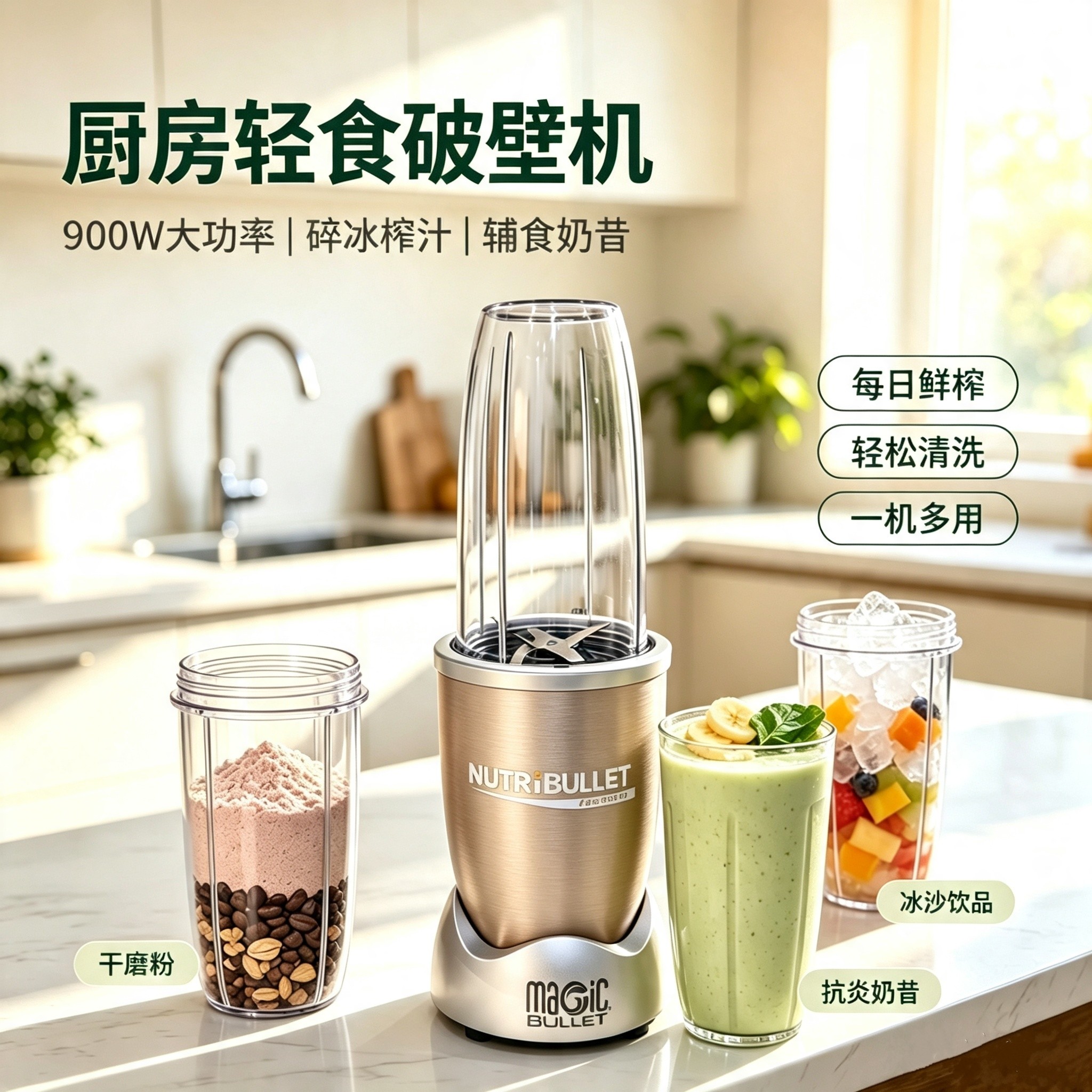 Nutribullet pro900W家用小型大功率奶昔冰沙榨汁轻食抗炎破壁机