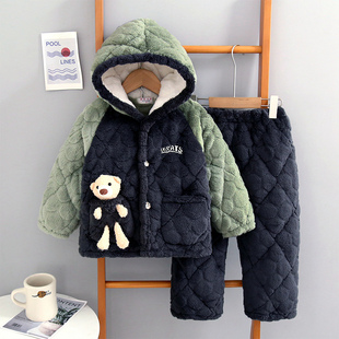 儿童睡衣冬季夹棉三层珊瑚绒套装加厚保暖大童男孩连帽男童家居服