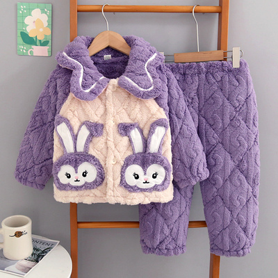 冬季儿童睡衣法兰绒三层加厚夹棉小中大女童珊瑚绒保暖家居服套装