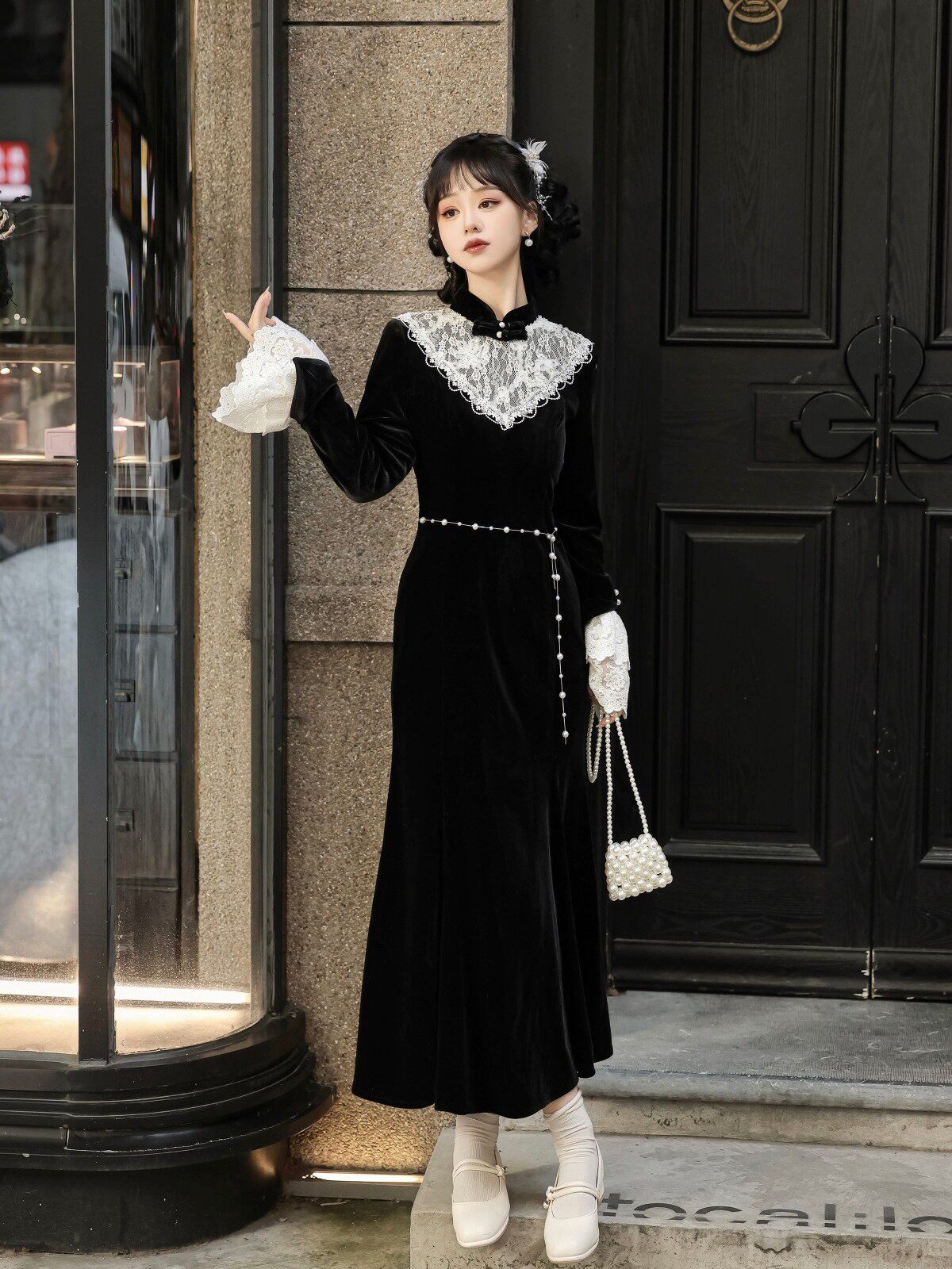 原创设计一剪芳华汉服女国风新中式日常通勤新款黑色蕾丝连衣裙