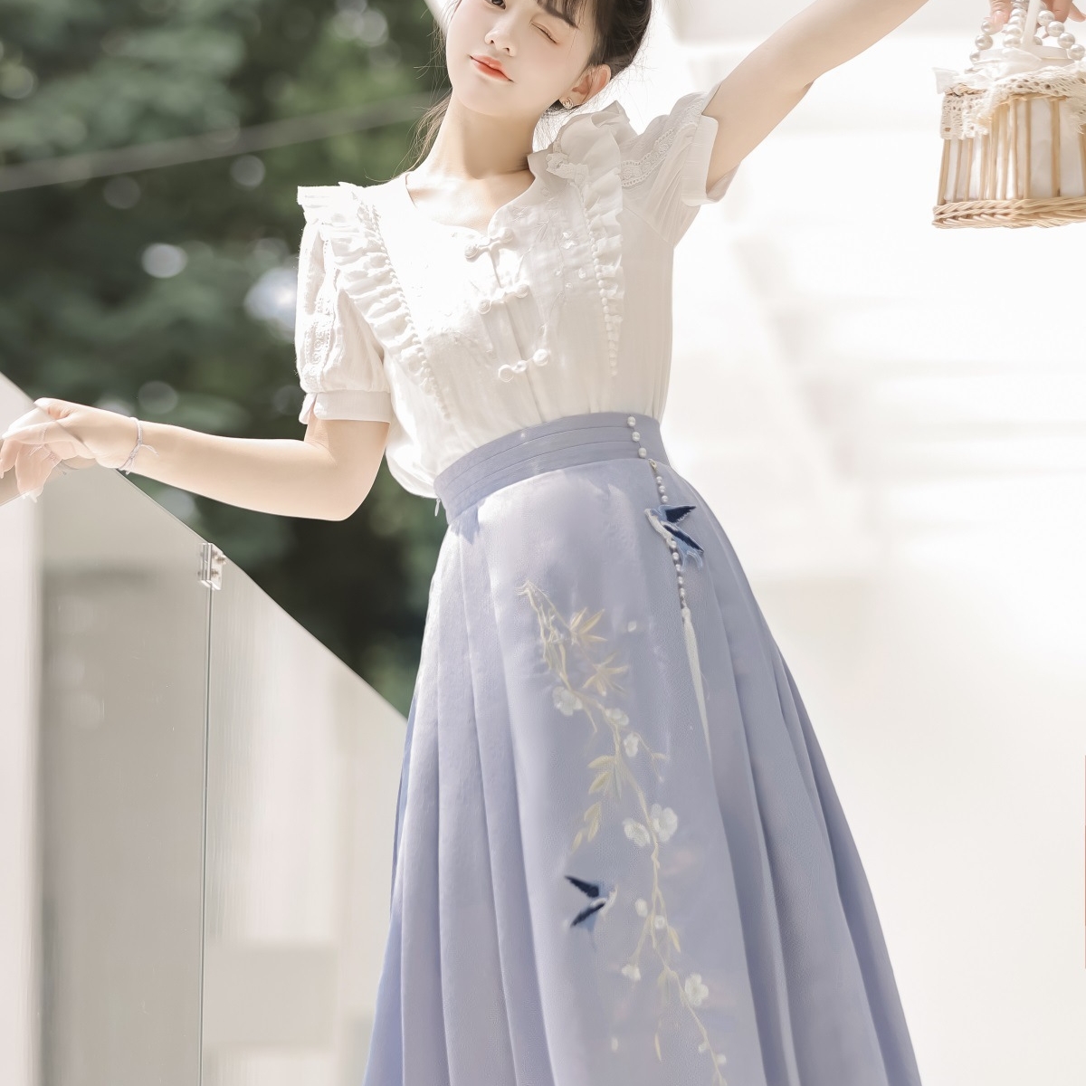 原创设计玉枝词汉服女中国风日常改良汉元素上衣半裙刺绣夏天套装