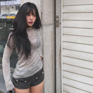 露肩上衣 T恤女薄款 现货赵露思助手同款 韩国gila翅膀印花复古长袖