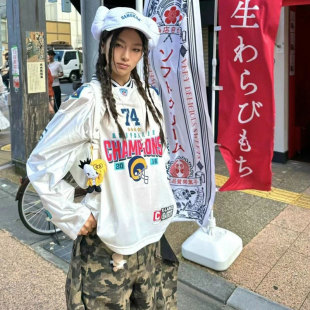 薄款 韩国asif t恤女秋季 复古football球衣长袖 宽松上衣 calie美式