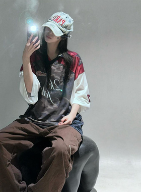 2000archives美式复古迷彩27号球衣短袖t恤女夏季宽松插肩袖上衣