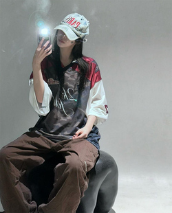 2000archives美式复古迷彩27号球衣短袖t恤女夏季宽松插肩袖上衣