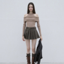 韩国labelleblanc法式假两件一字肩针织衫毛衣女秋季修身露肩上衣