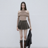 修身 毛衣女秋季 露肩上衣 假两件一字肩针织衫 韩国labelleblanc法式