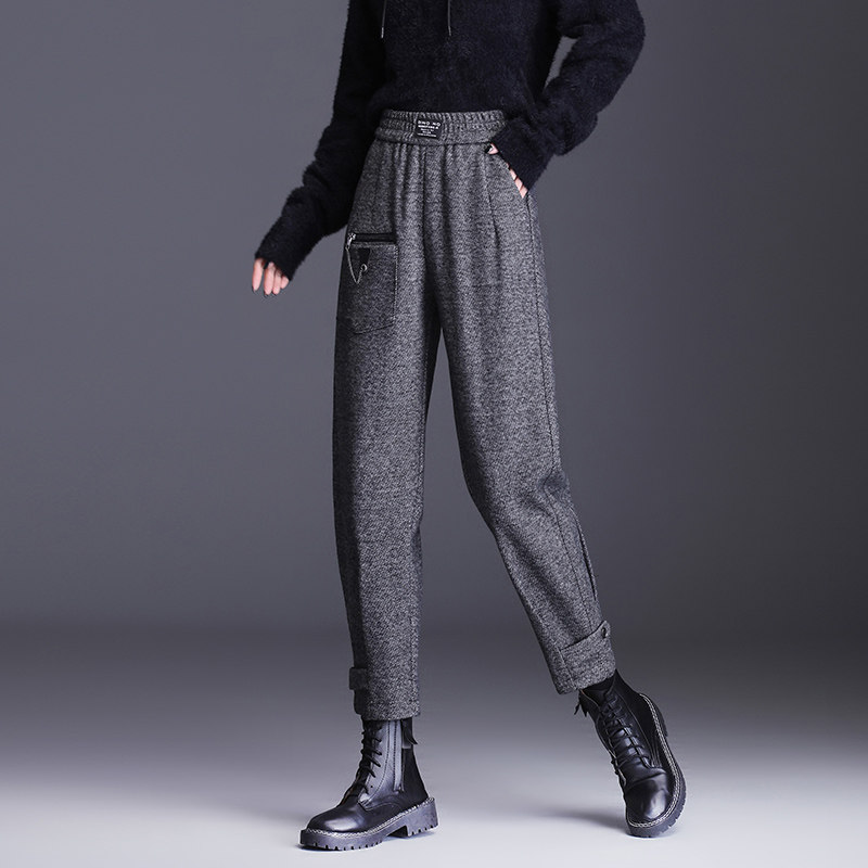 秋冬羊绒束脚哈伦裤女2026新款深灰色九分毛呢裤子女大码松紧裤子