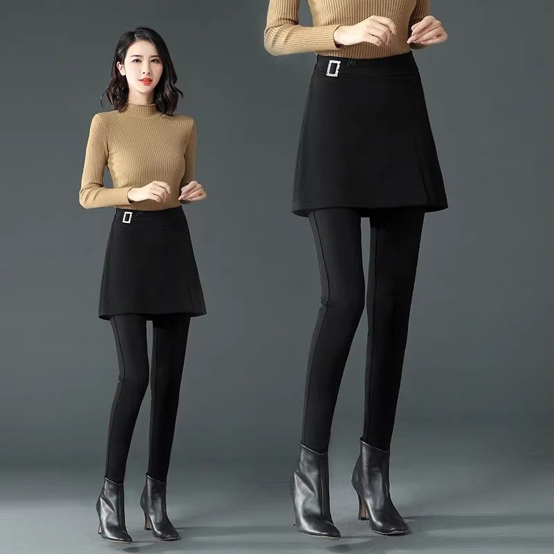 黑色加绒打底裤假两件女秋冬a字裙裤外穿高腰弹力一体绒小脚裤子
