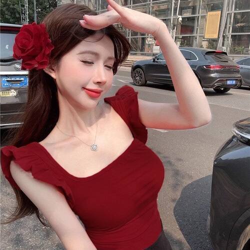 短款百搭红色正肩夏季ins