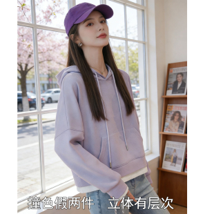 上衣韩版 长袖 显瘦拼色短外套潮 新款 假两件连帽套头卫衣女2026春季