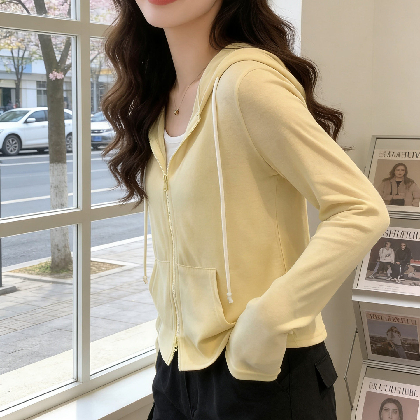 雪花棉连帽外套女2026春夏新款长袖上衣韩版短款假两件防晒开衫薄