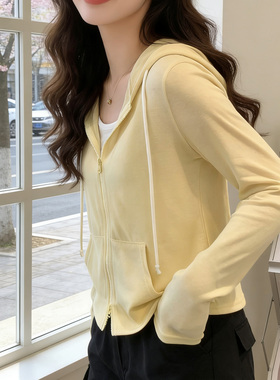 雪花棉连帽外套女2026春夏新款长袖上衣韩版短款假两件防晒开衫薄