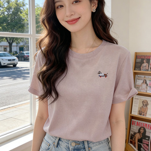 短款t恤女2026夏季新款雪花棉宽松显瘦小个子刺绣圆领棉T薄款上衣