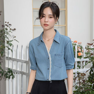 港风牛仔蓝翻领衬衫职场通勤轻熟御姐女春夏蕾丝短袖宽松凉感上衣