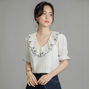 法式优雅V领荷叶边短袖衬衫女春夏轻熟优雅气质高级职场通勤开衫