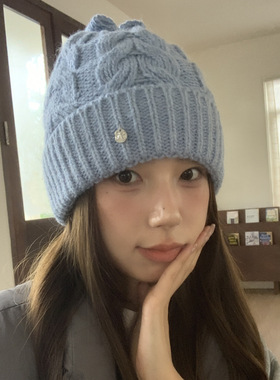 ins简约蝴蝶结麻花针织毛线帽女