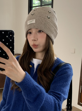秋冬新款甜美小碎花贴布针织帽女