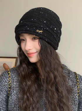 复古条纹褶皱针织堆堆帽子女秋冬