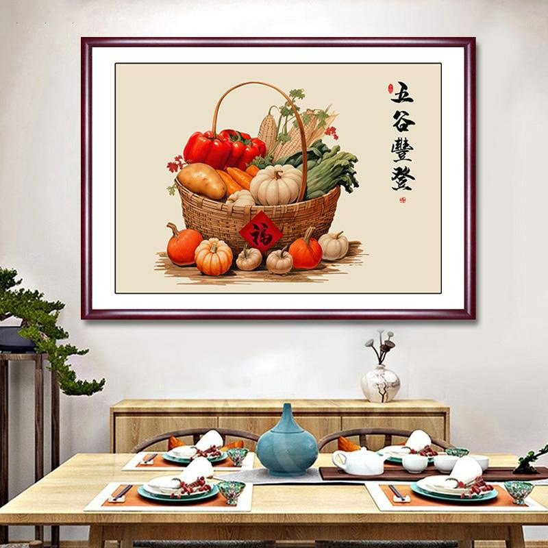 新餐厅入户画画白菜书房茶室挂装饰画五谷丰登客厅百财墙中式壁画