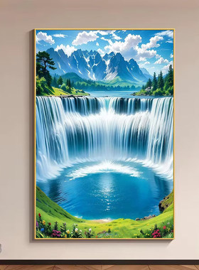 瀑布玄关生财流水挂画高山流水山水画招财画聚宝盆客厅风水装饰画