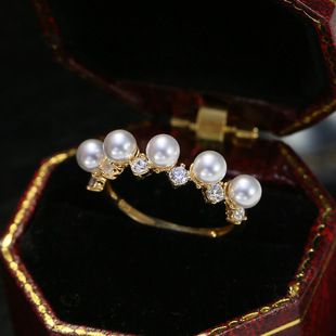 DIY配件 S925纯银优雅珍珠戒指空托 多珠排钻指环戒托半成品3-4mm