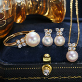 耳环项坠 空托经典 DIY配件 S925纯银甜美四钻珍珠耳钉吊坠戒指套装