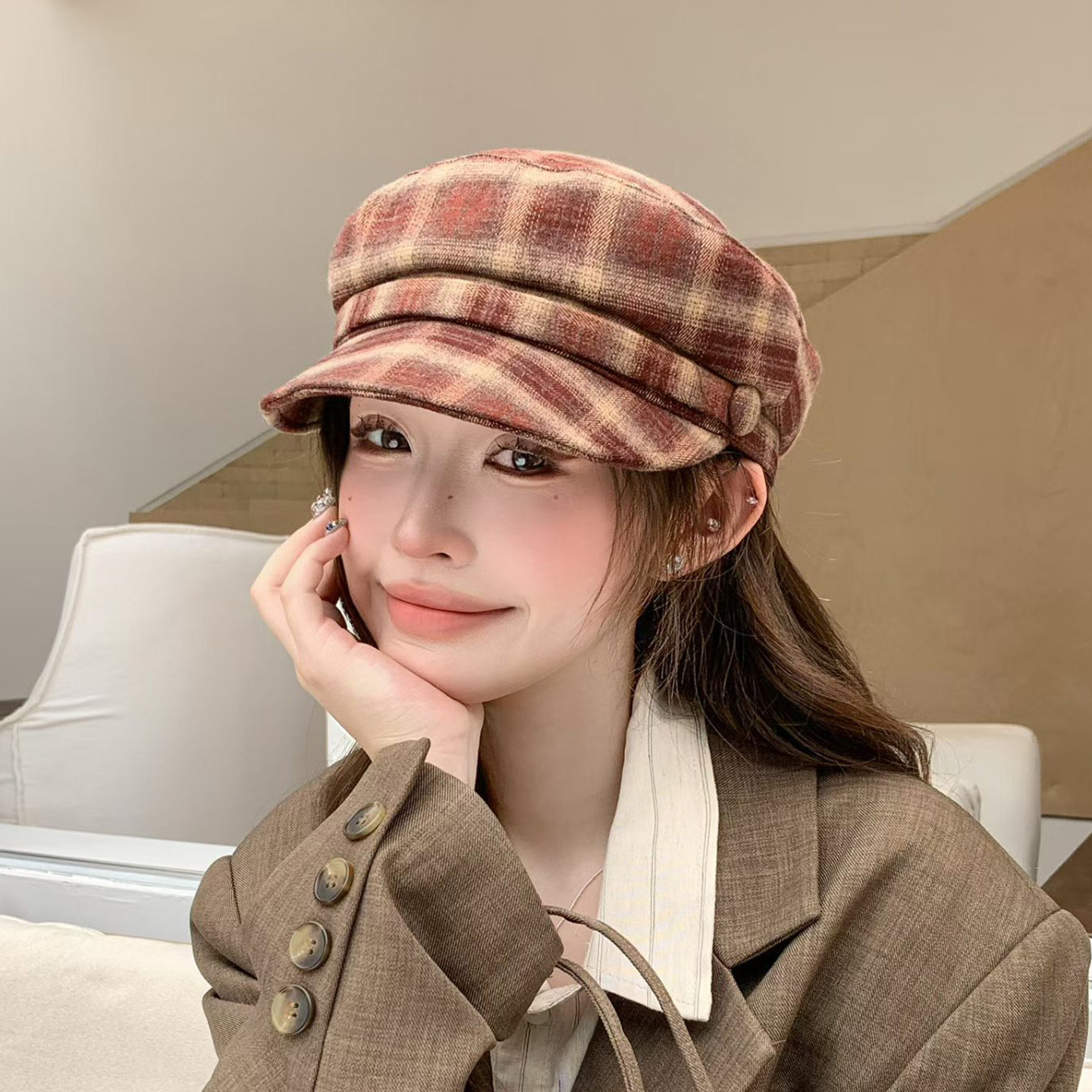 2026新款韩版格子报童帽女春秋