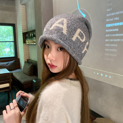 美式大字母羊毛堆堆帽女秋冬保暖