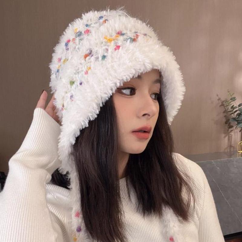 韩版ins彩虹毛绒针织护耳帽