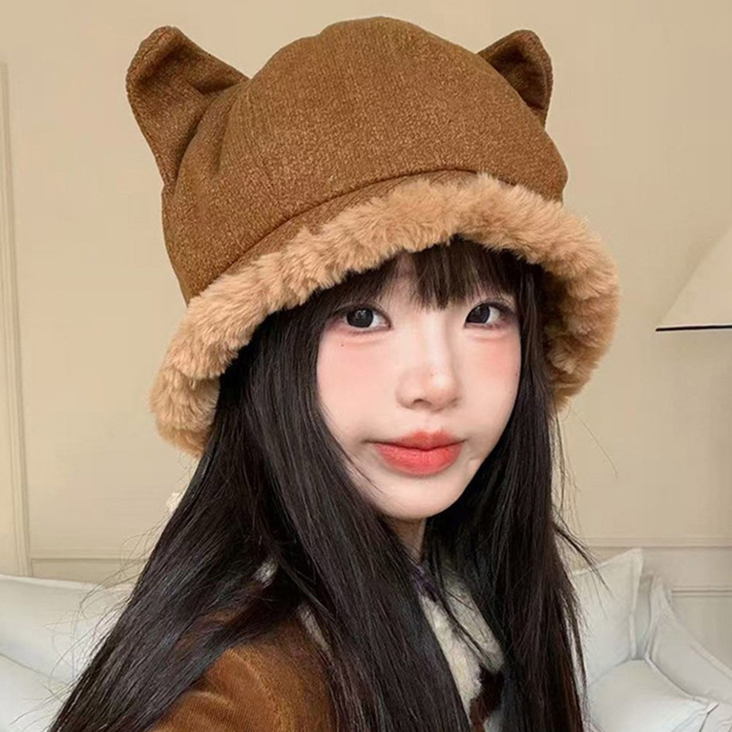 可爱猫耳毛绒渔夫帽保暖加绒盆帽