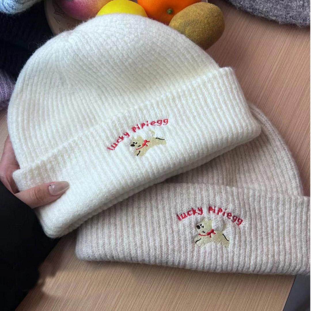 可爱卡通狗刺绣毛线帽男女保暖帽