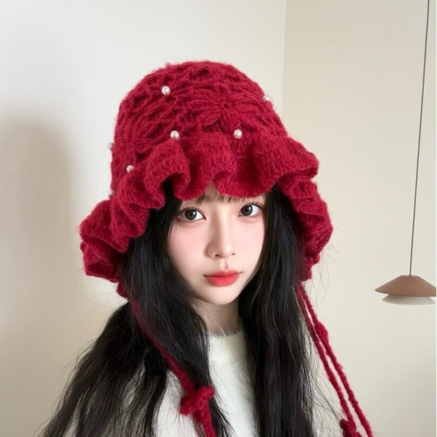民族风钩花流苏护耳针织帽女秋冬