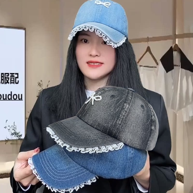 显脸小牛仔棒球帽女蕾丝太阳帽潮