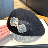 前进帽显脸小画家帽 透气时尚 设计师款 水钻花朵定型贝雷帽子女夏季
