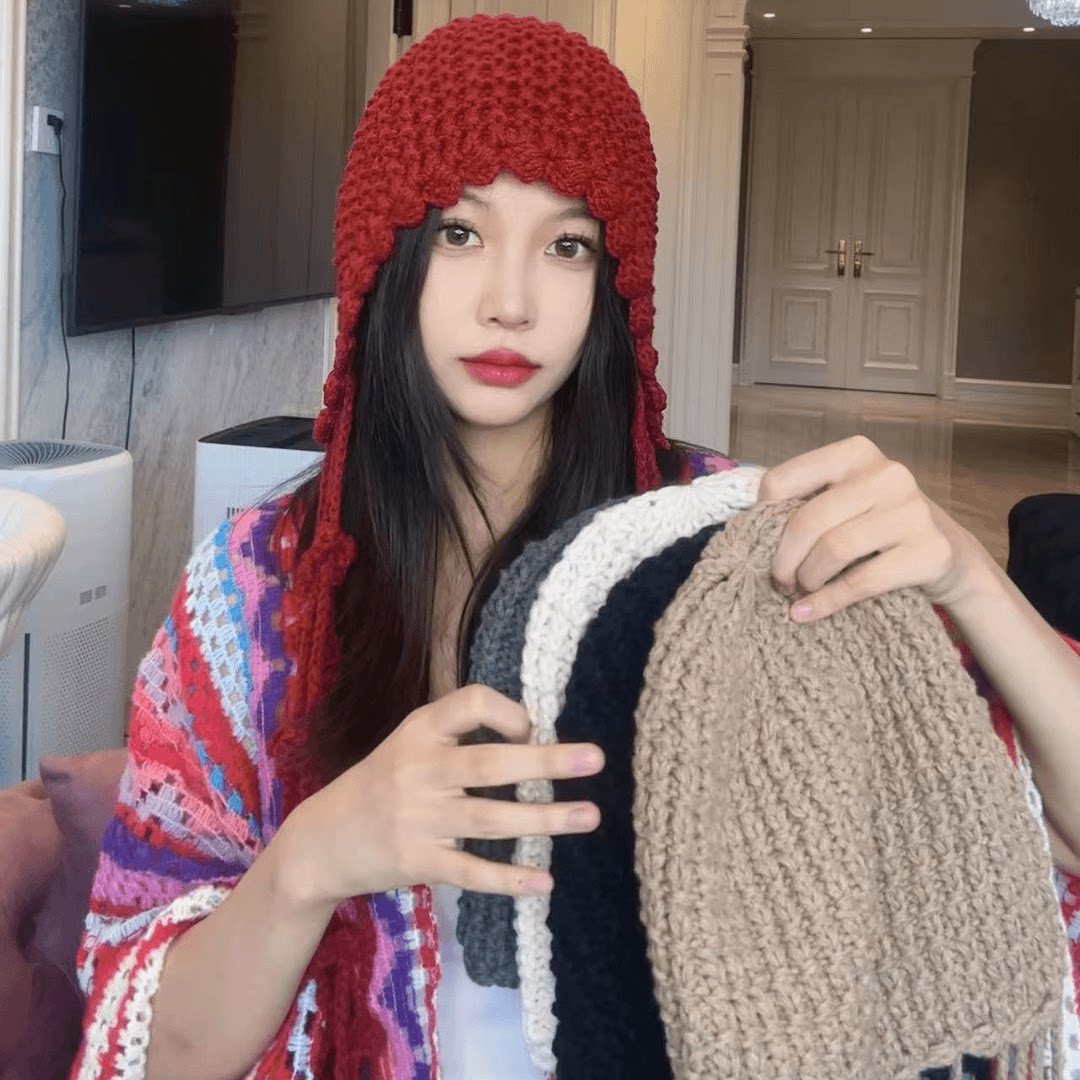 流苏帽纯色球球24秋冬护耳甜美