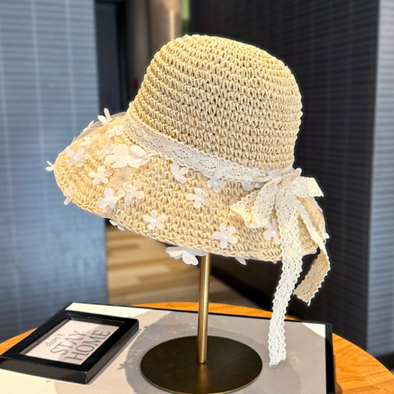 蕾丝小花朵大檐手工草帽女夏季