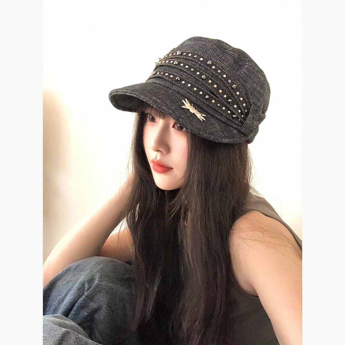 日系复古铆钉显脸小马术帽女款