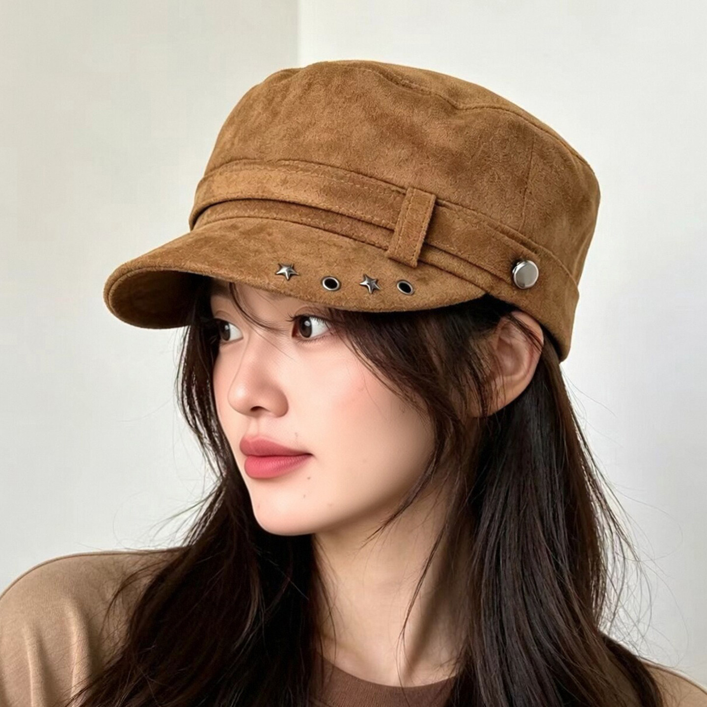 麂皮绒铆钉复古马术报童帽显脸小