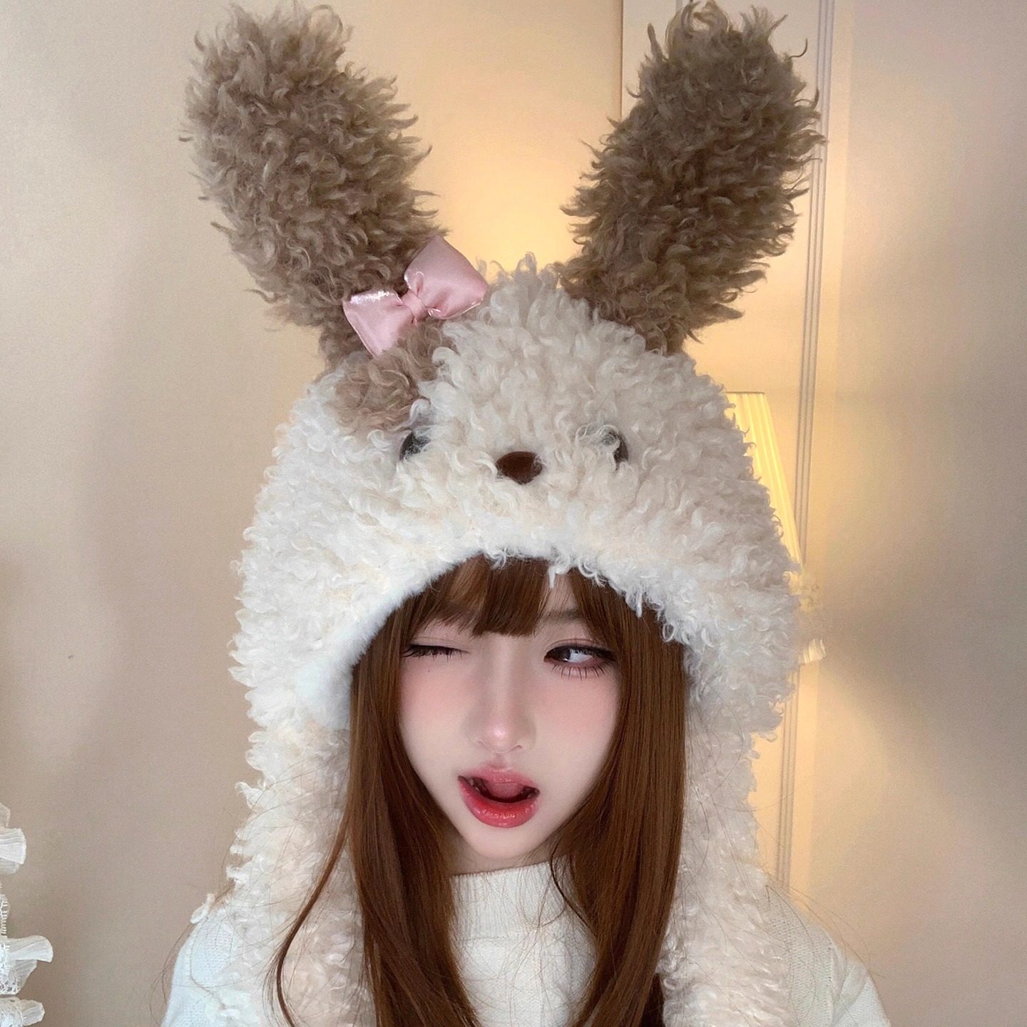 可爱甜美耳朵会动毛绒帽女秋冬季
