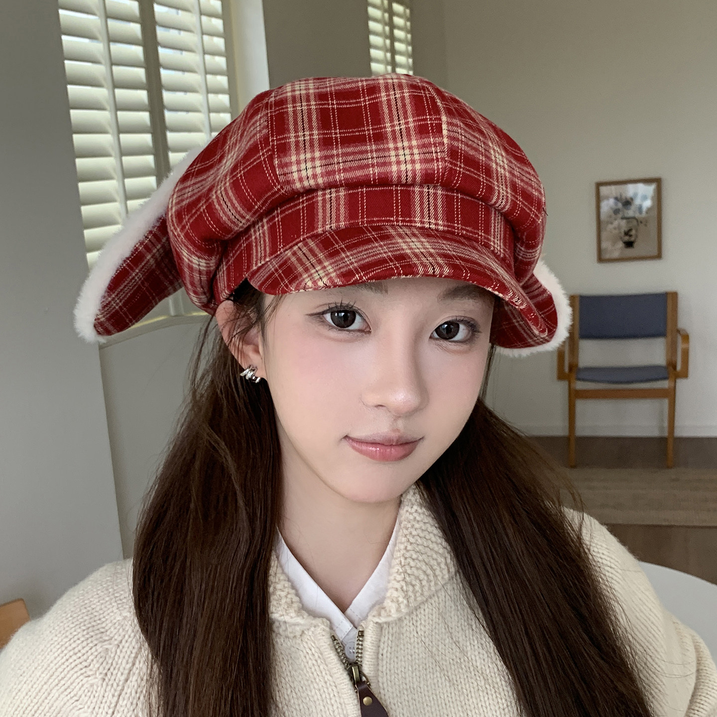 可爱兔耳格纹报童帽女显脸小