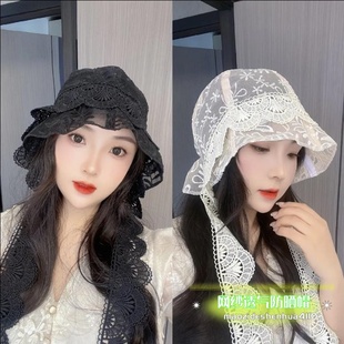 網(wǎng)紗遮陽帽時尚 顯臉小可折疊漁夫帽 潮蕾絲飄帶防曬帽子女夏季 韓版
