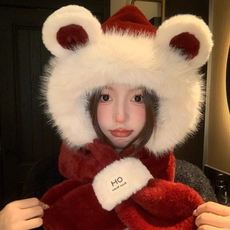 红色毛绒绒小熊帽女秋冬保暖帽女
